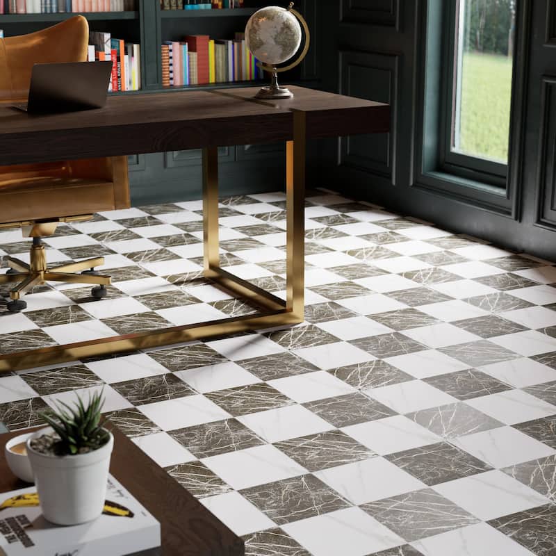Merola Tile Marbilia Chess Marquina Gold 17-3/8" x 17-3/8" Porcelain Floor and Wall Tile
