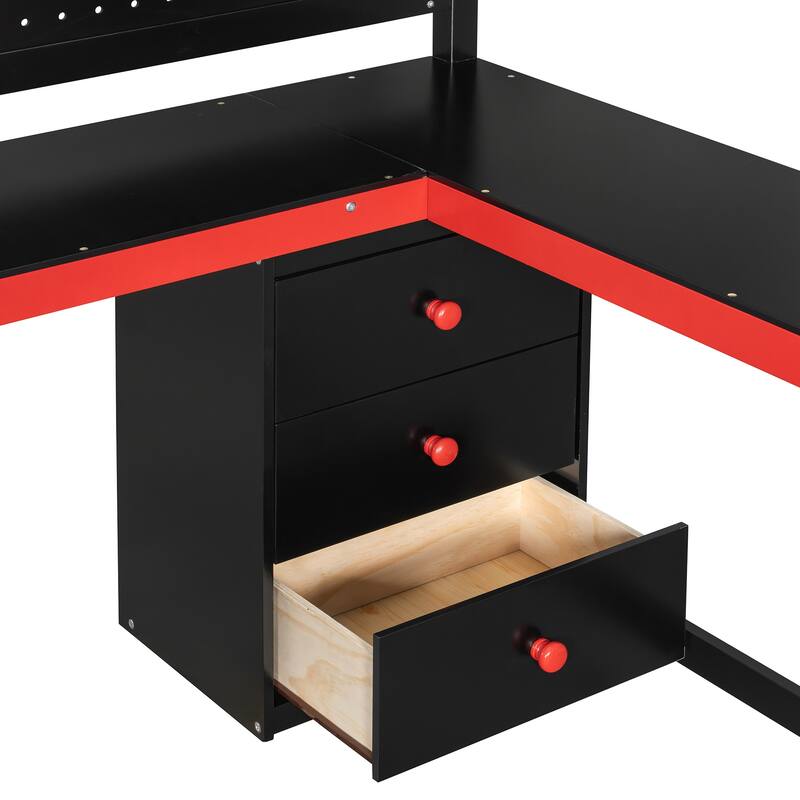 Gaming Loft Bed with Recessed Table Cabinet Pegboard Storage Stairs
