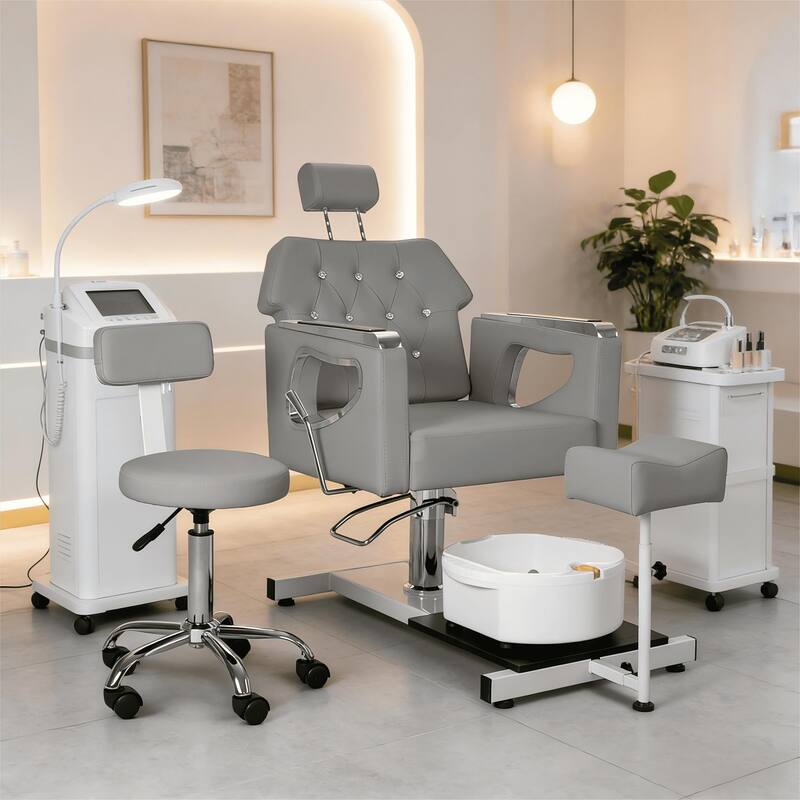 Pedicure Chair with Foot Spa Stool with Adjustable Pedicure Stand - Gray
