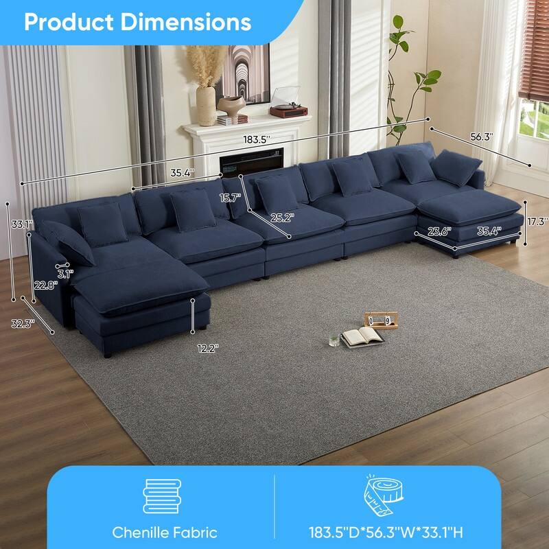 Mixoy 183''U-Shaped Chenille Modular Sectional Sofa,7-Seater Cloud Sleeper Deep Seat Couch with Ottoman and Thickened Cushions