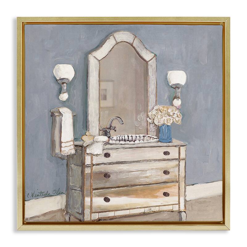 Stupell Bathroom Sink & Mirror Framed Floater Canvas Wall Art Design By Charlene Olson - 18 x 18 - Gold