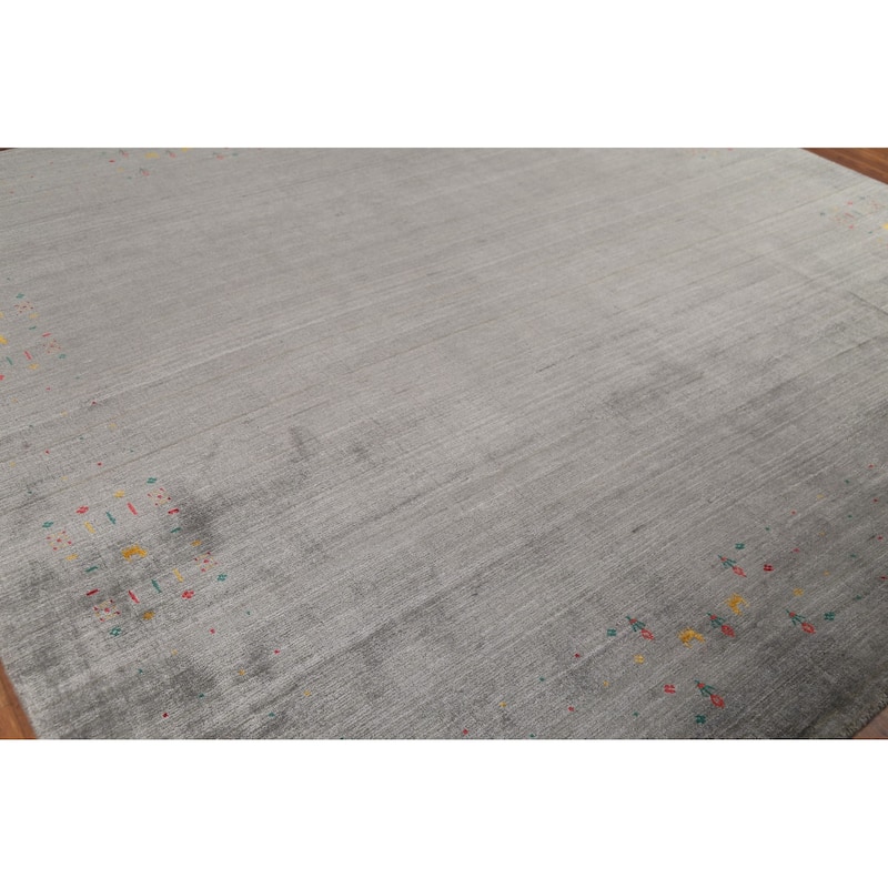 Striped Gabbeh Square Area Rug Handmade Gray Wool Carpet - 9'0"x 8'7"