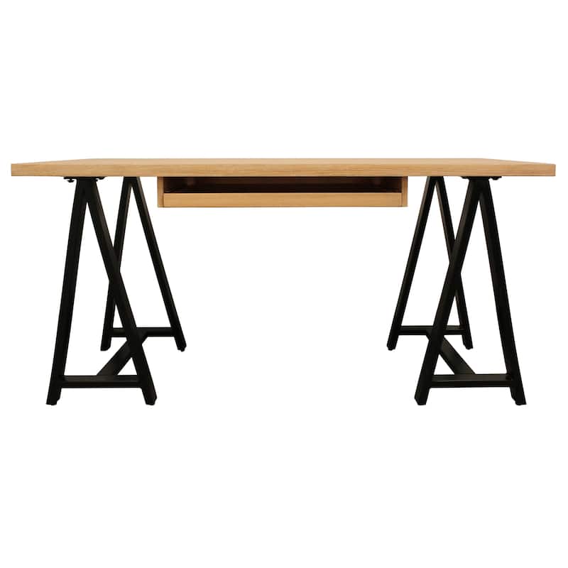 HomeRoots 60" Natural and Black Solid Wood and Metal Trestle Executive Desk