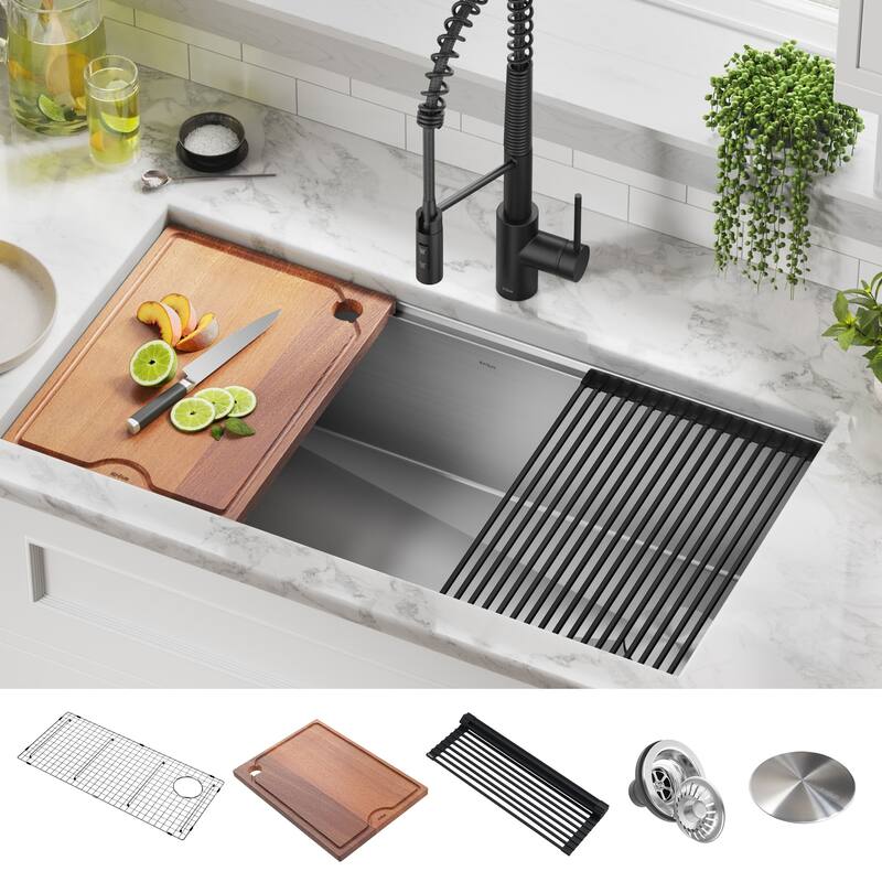 KRAUS Kore Workstation Undermount Stainless Steel Kitchen Sink - 36" L x 19" W (sink KWU110-36) - Stainless Steel