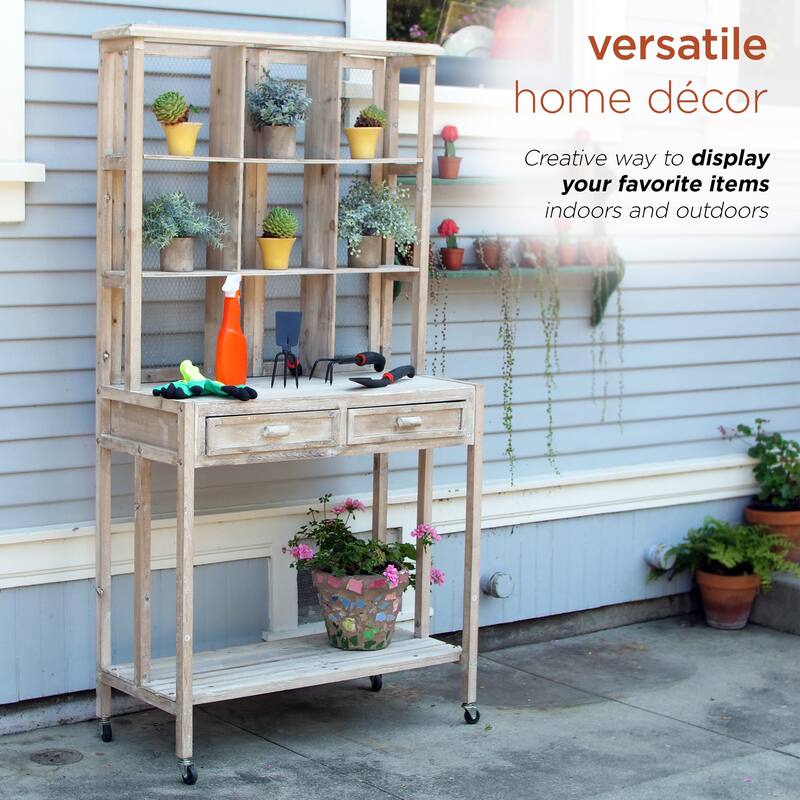 Alpine Corporation 67" Tall Indoor/Outdoor Rustic Wooden Potting Hutch with Shelves and Drawers