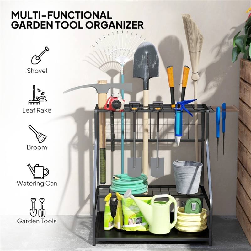3 Tier Garden Tool Storage Rack Metal Organizer with Hooks and Shelves for Indoor and Outdoor Use - 33.1" L x 20.9" W x 28.7" H