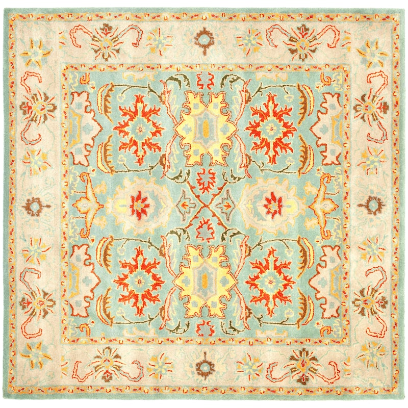 SAFAVIEH Handmade Heritage Dot Daisy Traditional Oriental Wool Rug - 6' x 6' Square - Light Blue/Ivory - Square/Runner