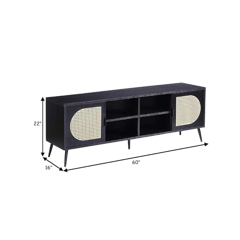 60 Inch TV Entertainment Center, Rattan Front 2 Cabinet, Metal Legs, Black