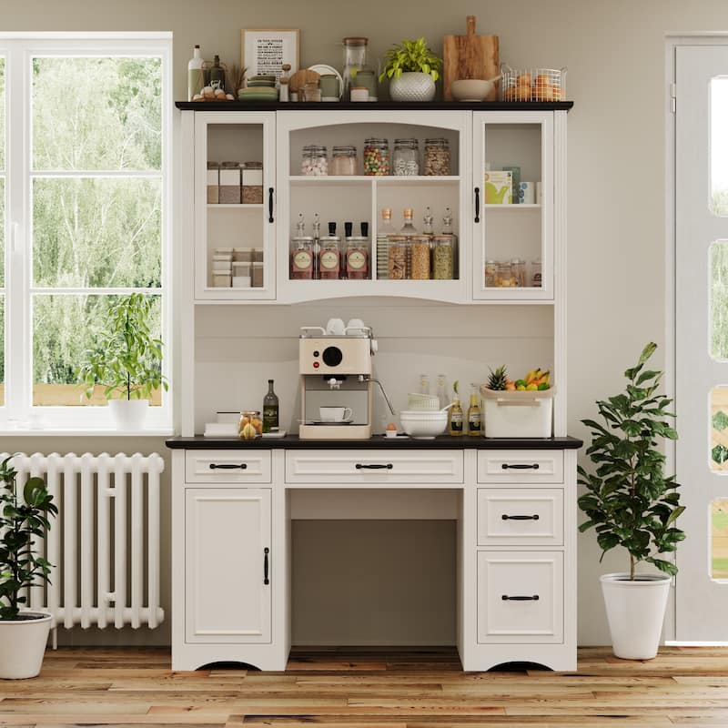 Coffee Bar Cabinet and Work Desk with Hutch,Pantry Storage Cabinet with Outlets