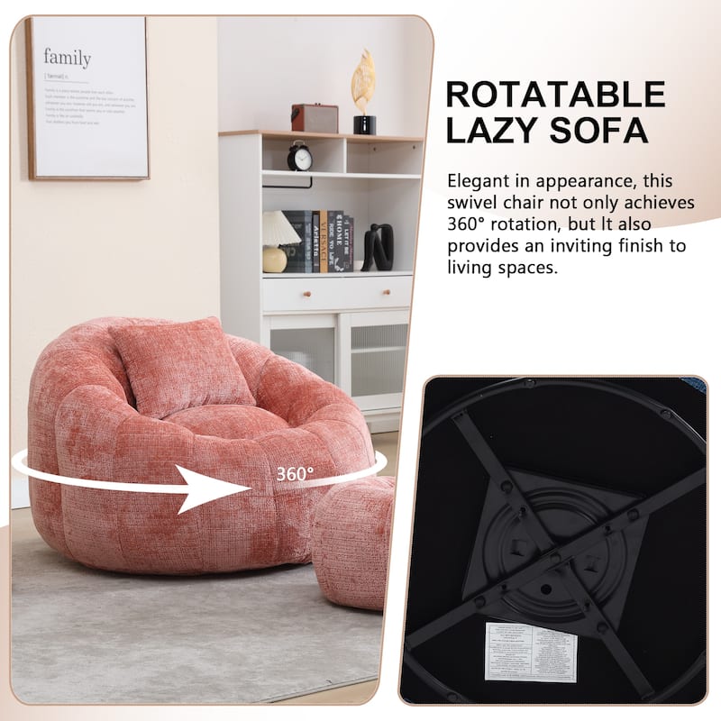 HOMEFUN Chenille Upholstered Round Lazy Cozy Bean Bag Chair with Ottoman and a Pillow
