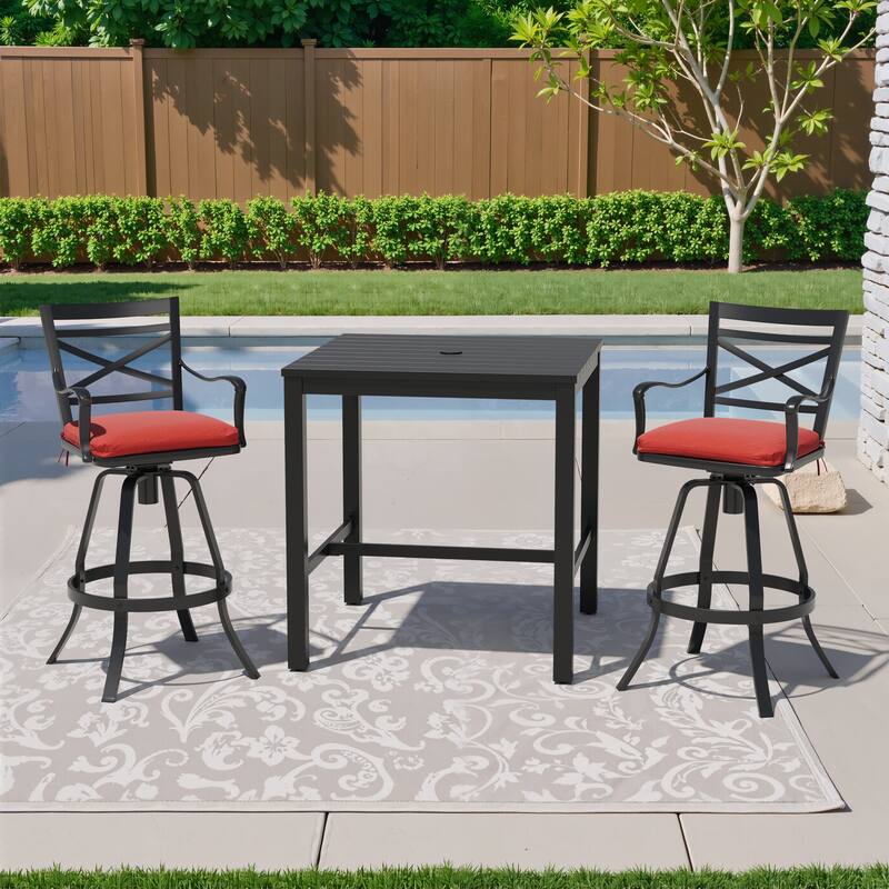 3/5-Piece Set Outdoor Patio Aluminum Sunbrella Swivel Bar Stools and Table - Red - Set of 3