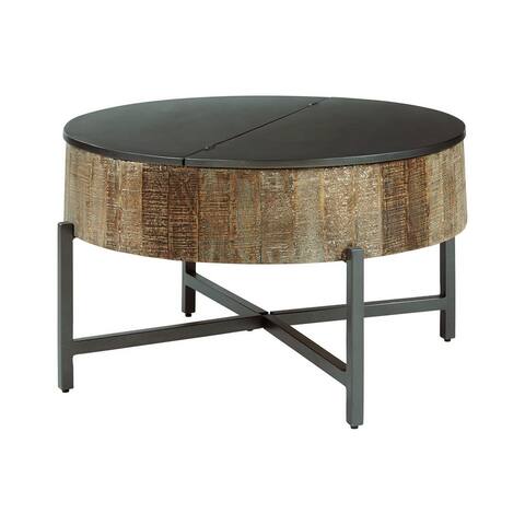 19" Wood and Metal Lid Top Round Cocktail Table, Gray and Brown