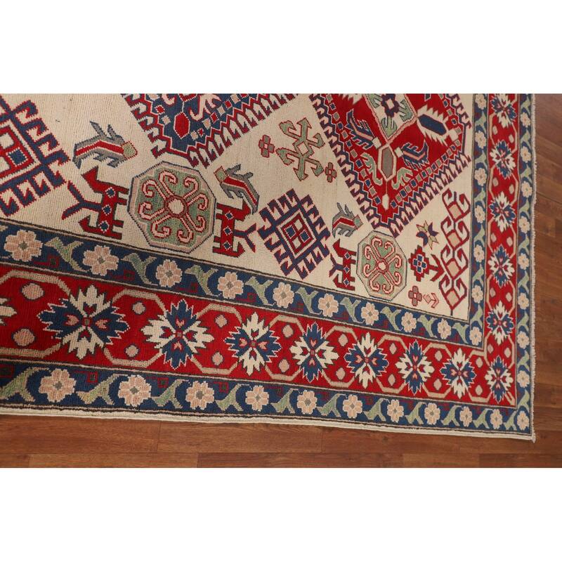 Beige / Ivory Traditional Kazak Oriental Rug Hand-Knotted Wool Carpet - 6'7" x 9'8"