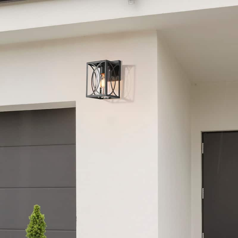 Pauly Modern Farmhouse Square 1-Light Black Outdoor Wall Lantern Sconce Glass Shade for Garage Porch Front Door