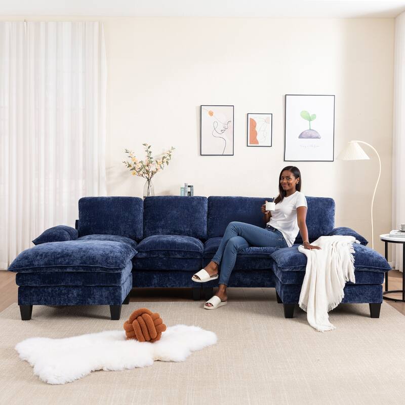 122-Inch 6-seats U-Shaped Double Foam Cushion Convertible Sectional Sofa Couch for Living Room With Storage Ottoman