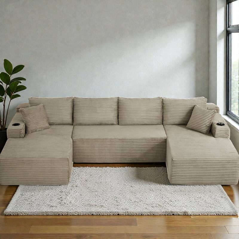 Compressible U-Shaped Modular Sectional Sofa, Corduroy Cloud Couch, 6-Seat Minimalist Living Room Sofa