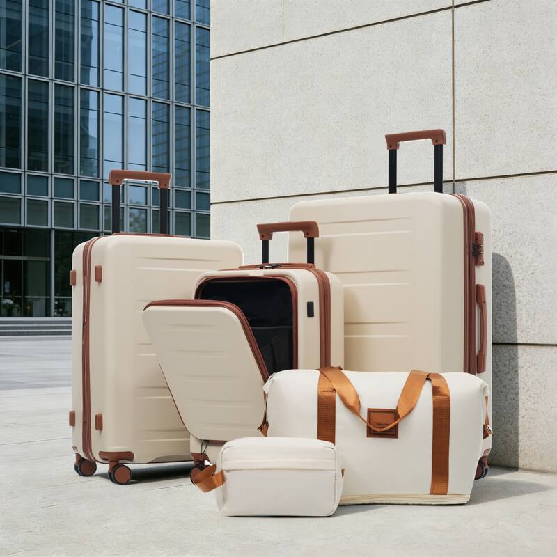 Luggage Sets 5 Piece with Front Opening, Hardside Expandable Carry On Suitcase Set with Double Spinner Wheel with USB Port