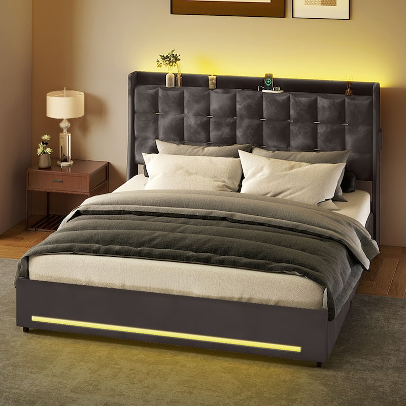 Moasis King Size Velvet Platform Bed with 4 Drawers RGB Lights and Charging Station No Box Spring Needed
