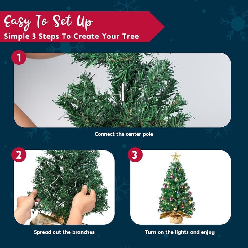 24"/2FT Small Christmas Tree with Lights, Pre-lit Artificial Xmas Tree Green LED Mini Tree for Christmas Decorations