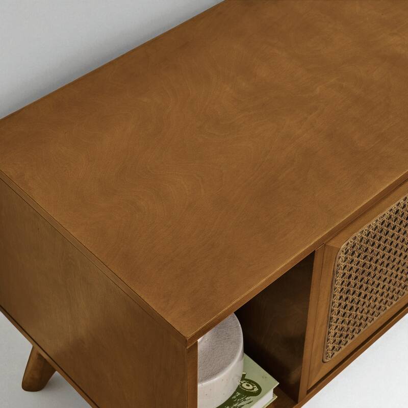 67.9" Mid-Century Modern Rattan TV Stand for TVs up to 75", Entertainment Cabinet with Sliding Doors & Solid Wood Legs