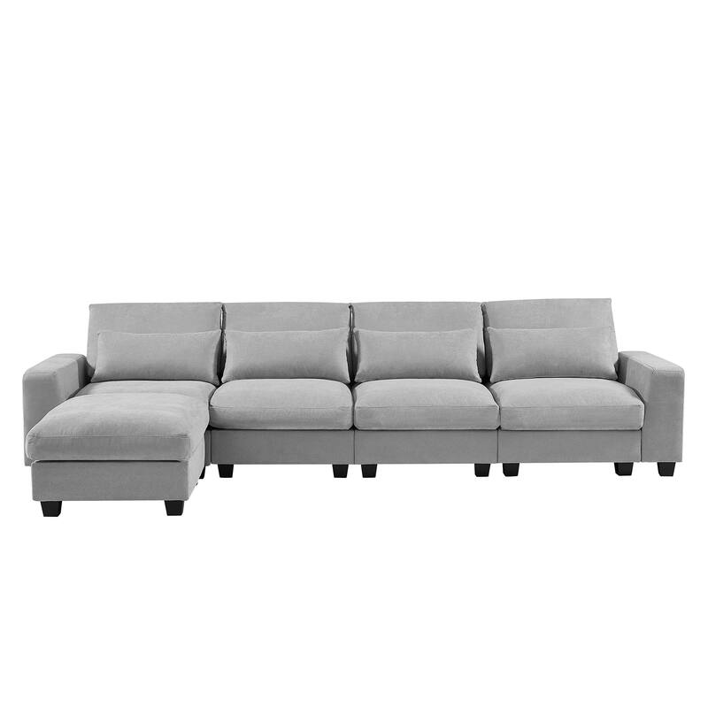 129.9" Chenille L-Shape Sectional Sofa with Reversible Chaise, Feather-Filled Cushions and Spring Support