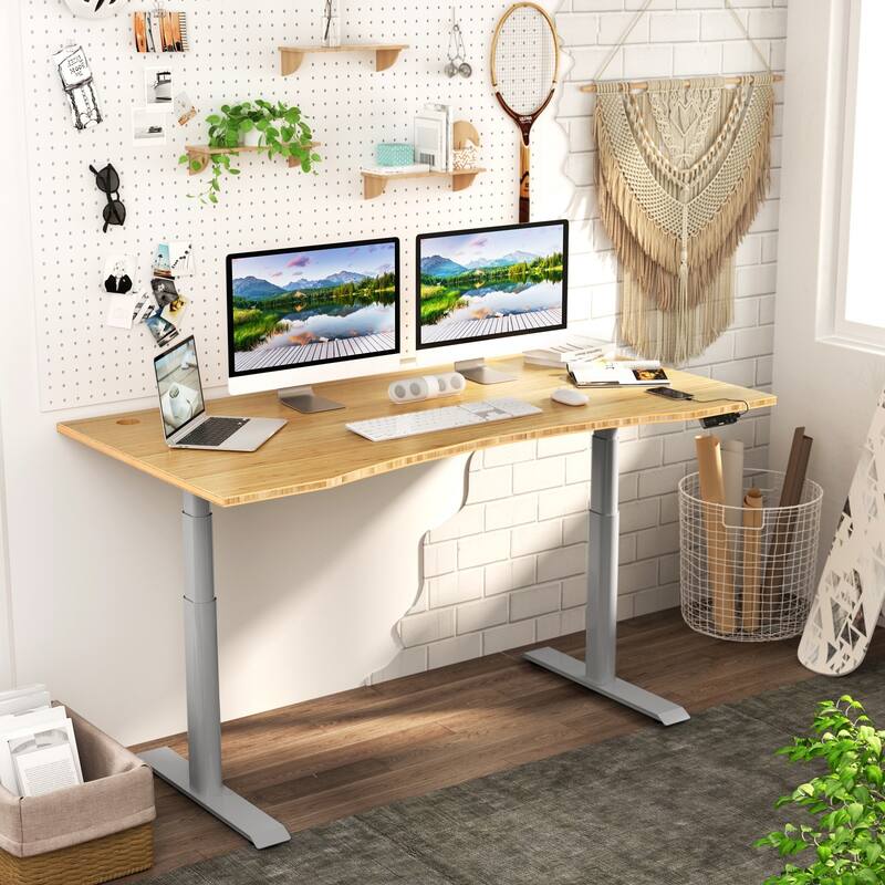 FLEXISPOT Electric Height Adjustable Standing Desk 3-Stage Dual Motor With Curved Bamboo Desktop