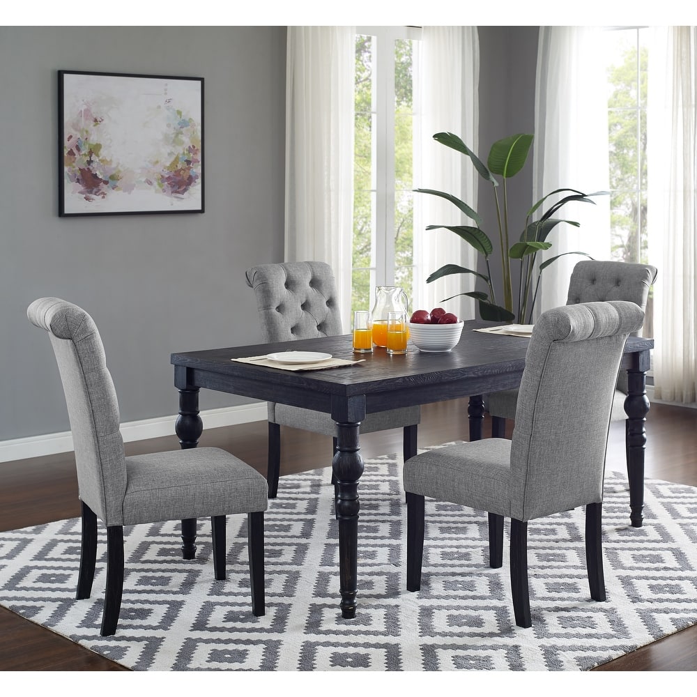 5 Piece Wood Wash Turned Leg Dining Set with 4 High Back Tufted Chairs, Decorative Kitchen & Dining Furniture