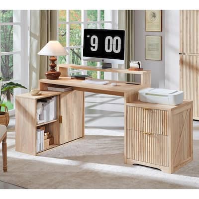 67" Modern L Shaped Desk, Wood Home Office Desk with Charging Station