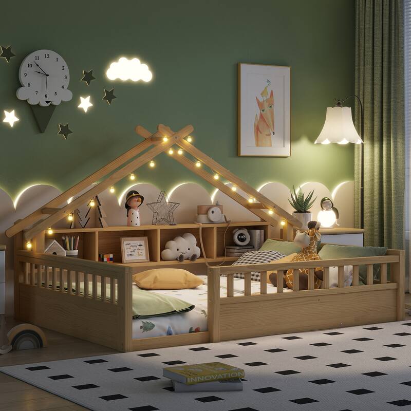 House-shaped Daybed Kids Wood House Bed Montessori Toddler Floor Bed with Roof Shape Storage Bookshelves and Light - Natural - Full