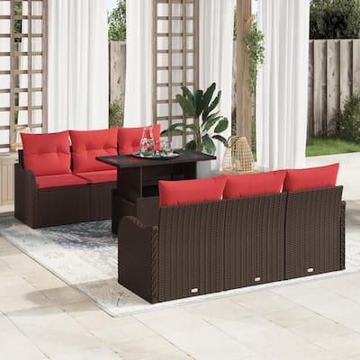 vidaXL 7 Garden Sofa Set with Cushions Black/Brown/Grey Poly Rattan - 69.3 x 24.4 x 27.2