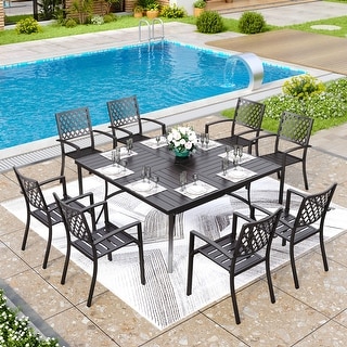 MAISON ARTS 9-Piece Patio Dining Set, 60 Inch Square Metal Table and 8 Metal Dining Chairs