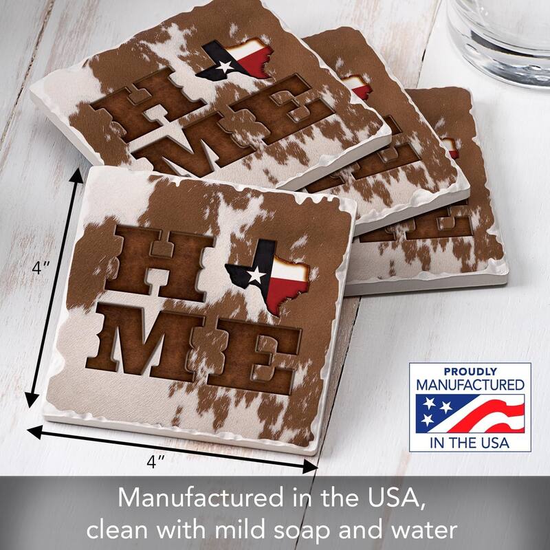 Texas Cowhide Home 4-Pack Tumbled Tile Stone Coasters with Protective Cork Backing Manufactured in The USA