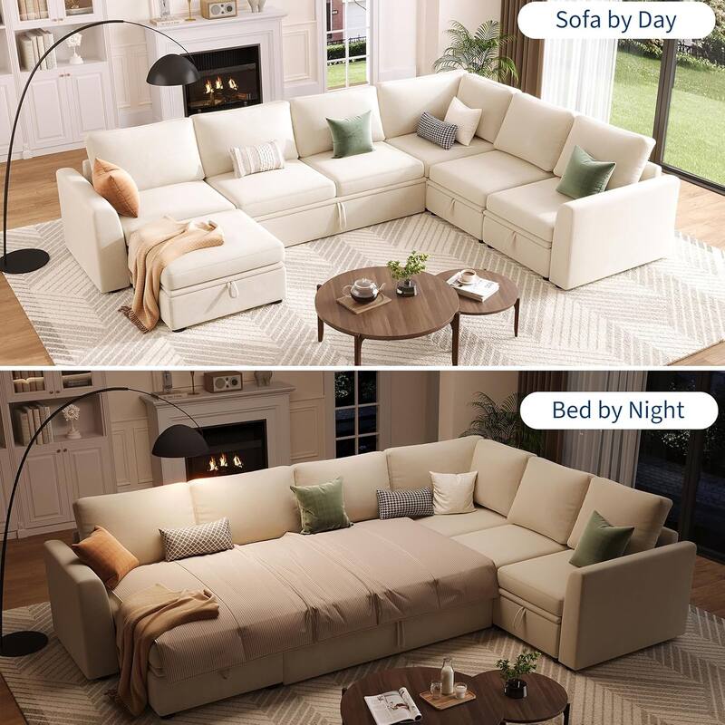 U Shaped Sectional Sleeper Sofa with Pull Out Bed, Chenille Modular Sectional Sofa