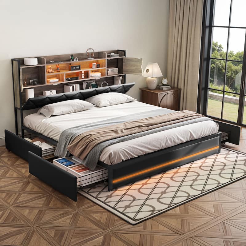 Queen/King Upholstered Bed Frame with RGB LED Lights & Storage Bookcase Headboard