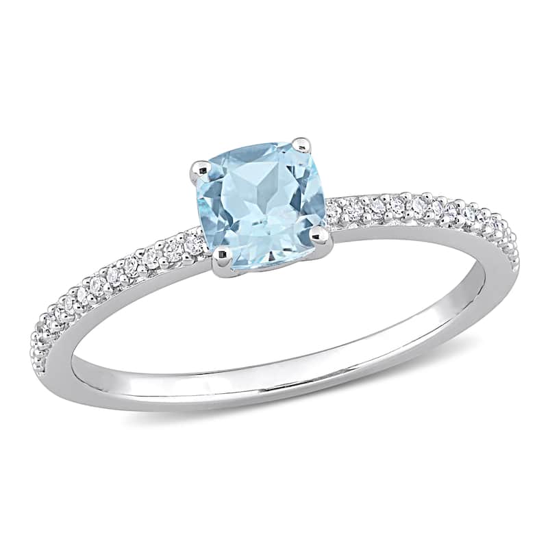 Miadora 10k White Gold Cushion-cut Blue Topaz and 1/10ct TDW Diamond Birthstone Ring