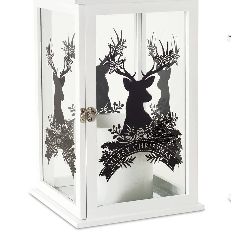 2 White Black Christmas Lantern an Artful Reindeer Silhouette 22.75"