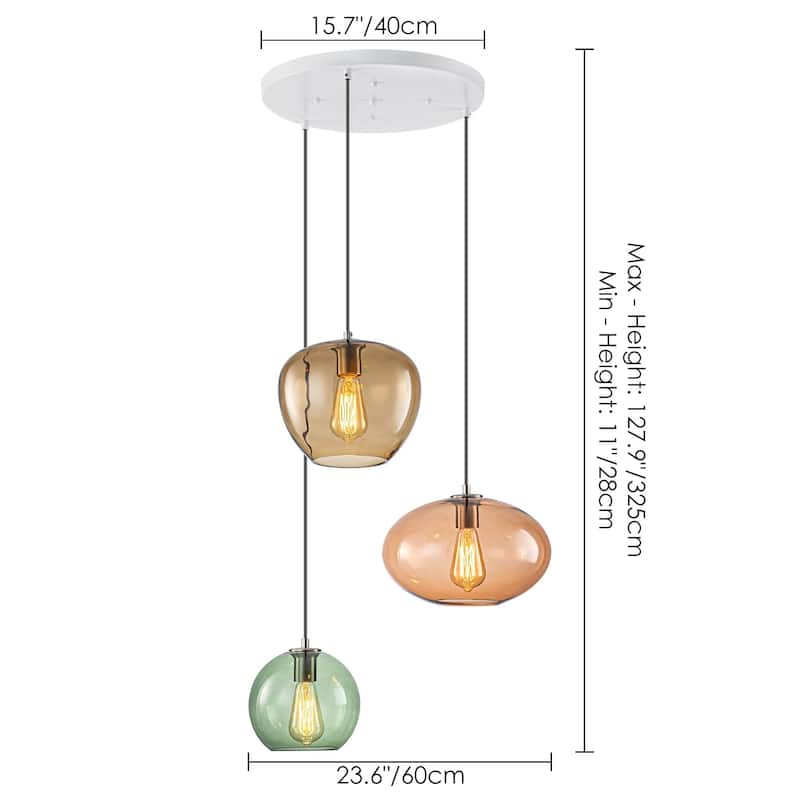 3-Light Modern Vintage Cluster White Pendant Light with Colored Glass Globe Shades - 23.62 in. W x 23.62 in. D