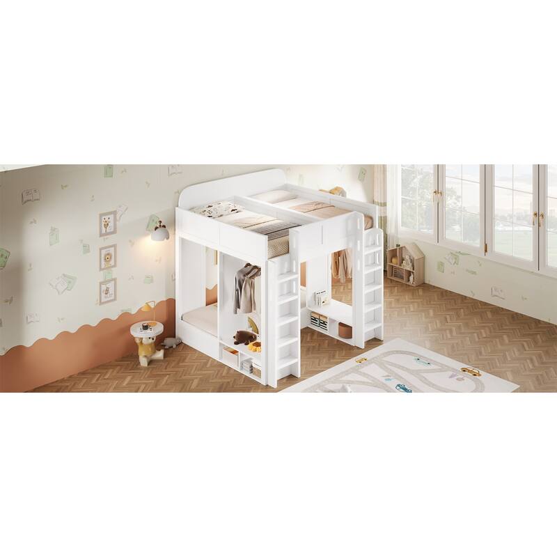 Roomfitters Triple Bunk Bed with Twin, Twin and Twin XL Beds, Storage Shelves and Hooks