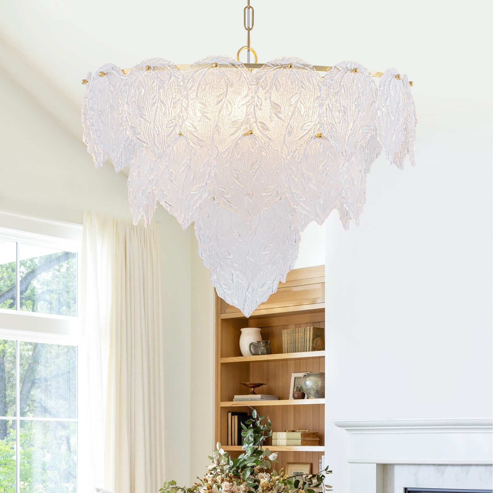Luxury Gold Chandelier with Double-Tier Clear Glass Leaves