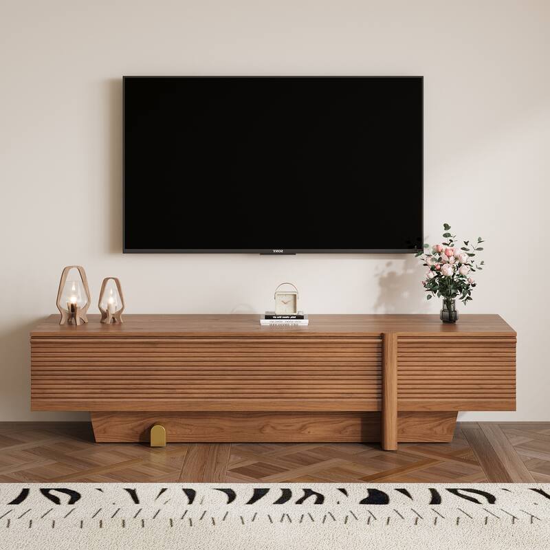 71" Modern Wooden TV Stand, Floor-Standing Media Console with Ribbed Storage and Gold Accents - Brown