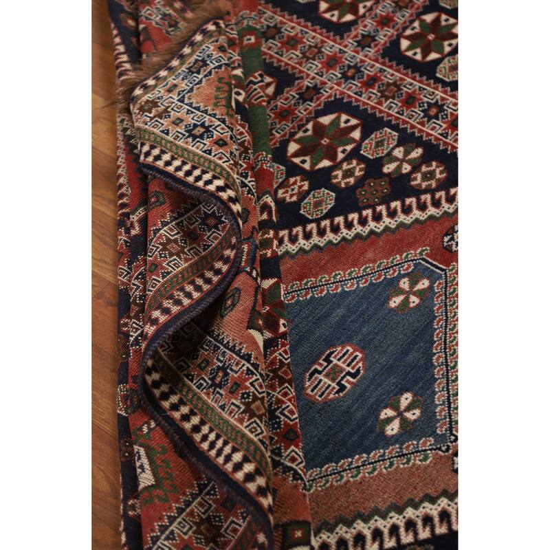 Hand Knotted Oriental 100% Wool Carpet Traditional Geometric Navy Blue & Blues Yalameh Area Rug - 10' 11'' X 7' 6''