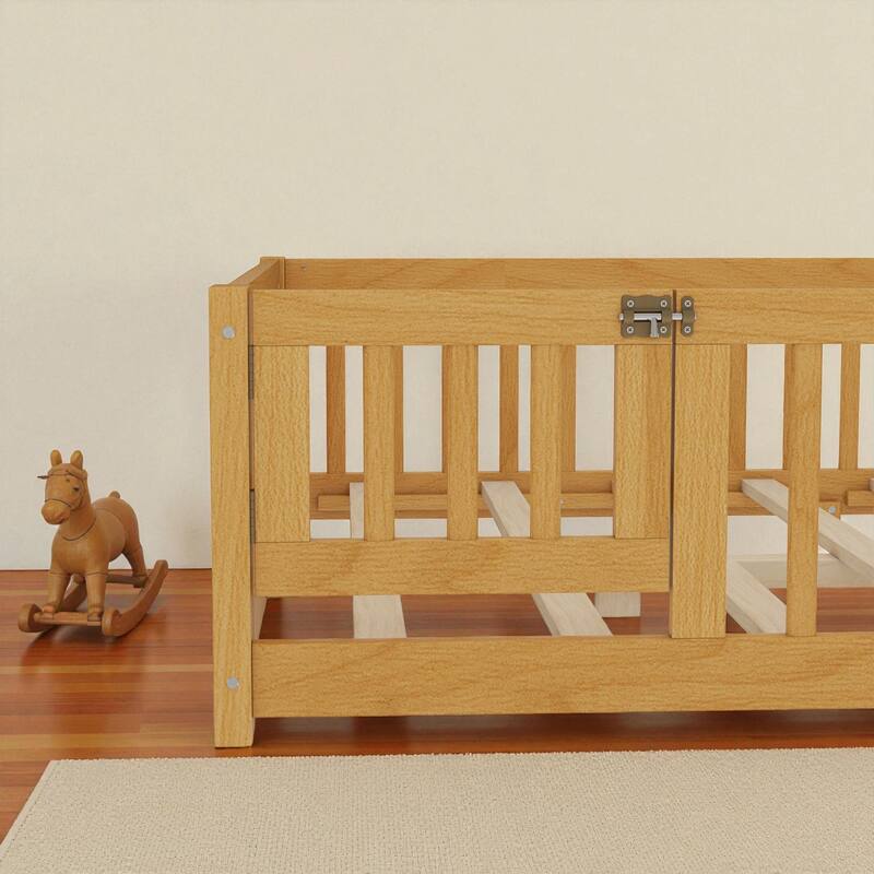 Twin/Full/Queen Size Wood Floor Bed with Door and Guardrails for Kids, Montessori Bed with Removable Slats