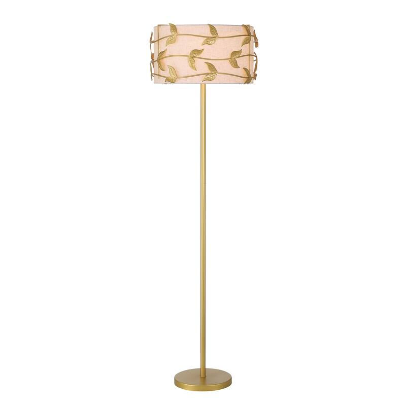 Acroma Black/Gold Leaf-Accent Fabric Shade Floor Lamp