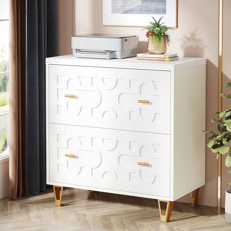 2-Drawer Lateral File Cabinet, Modern White Office Filing Cabinet for Legal/ Letter/A4 Size - Gold/White