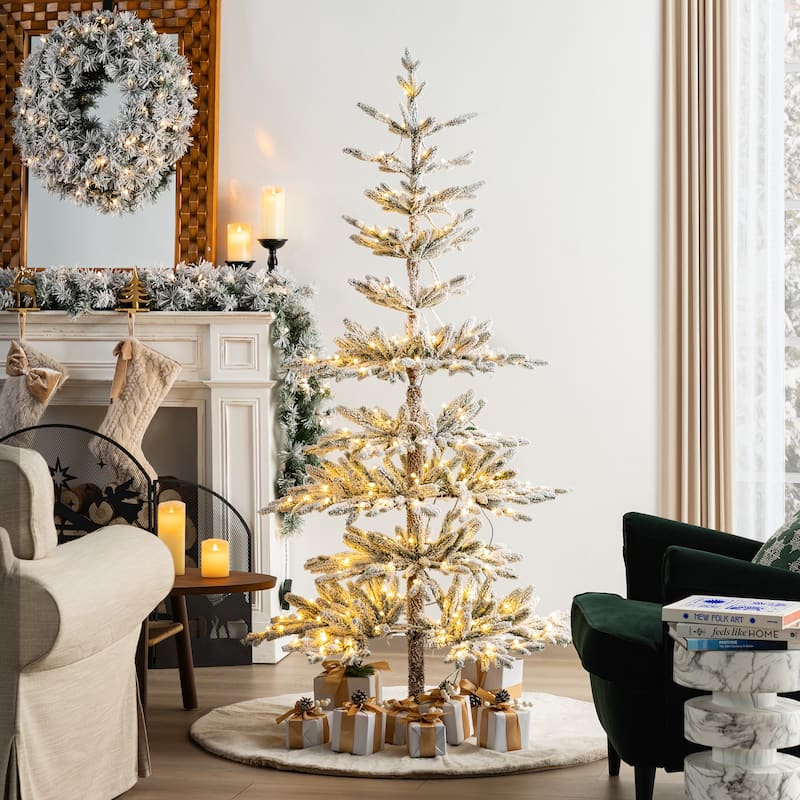 Glitzhome 6ft/7ft/9ft Deluxe Pre-Lit Flocked Slim Fir Artificial Christmas Tree with Warm White Lights - 6 Foot
