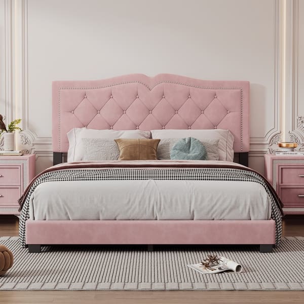 slide 2 of 42, Queen Size Velvet Platform Bed with Tufted Headboard and Rivet Design Pink - Queen