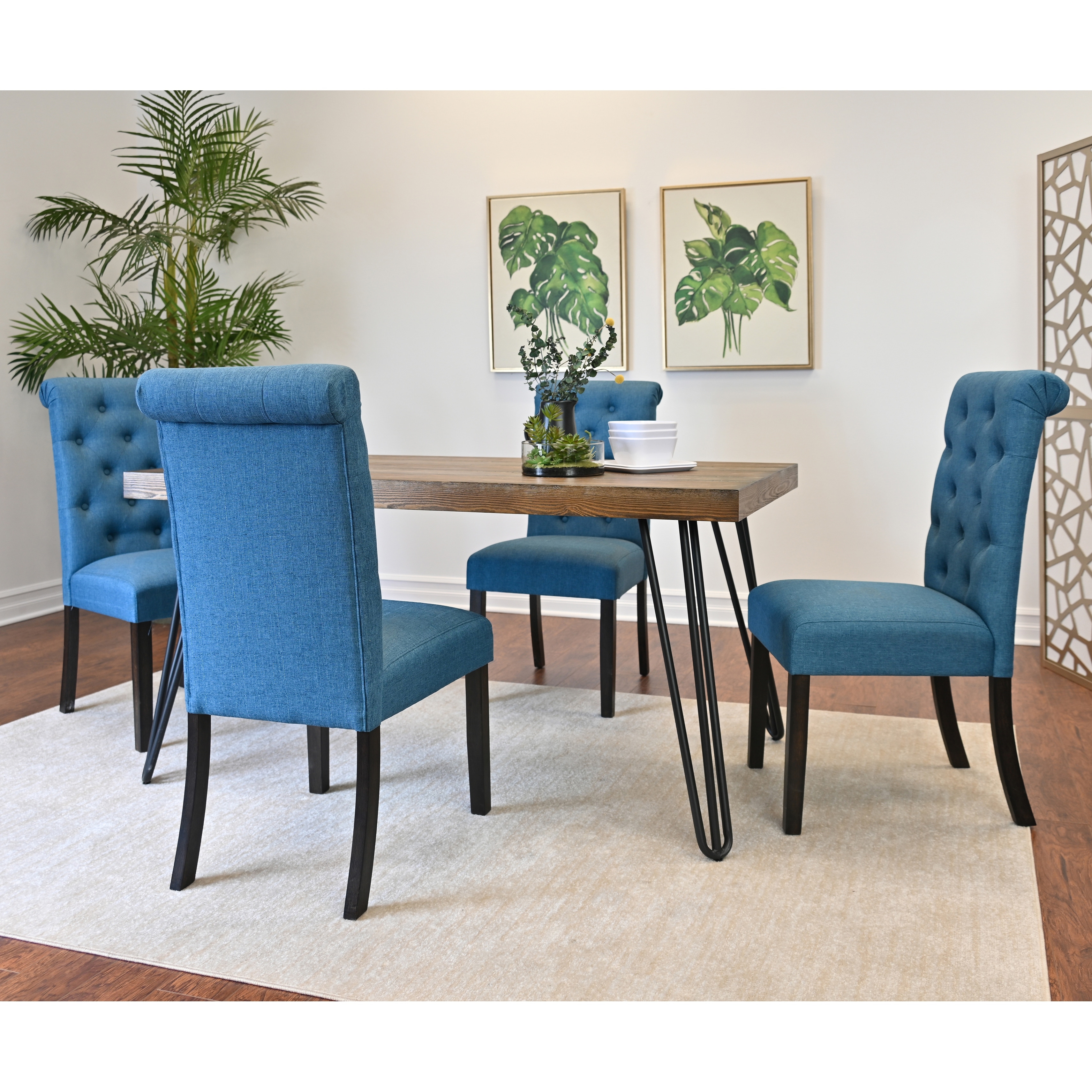 Simple Dining Table Set with Blue Padded Seating Chairs and Bench