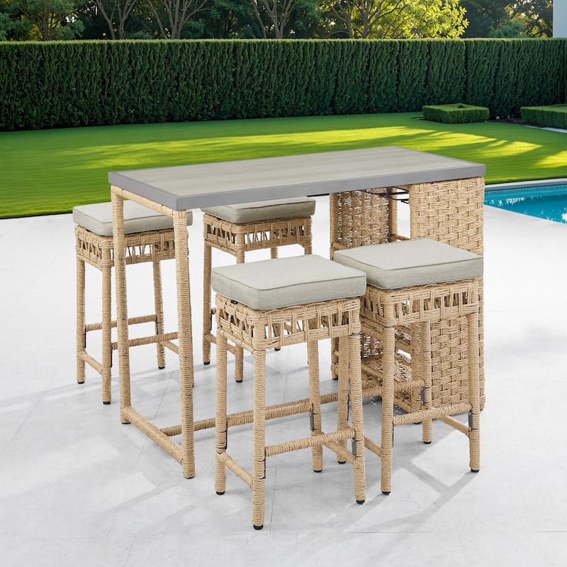 Corvus Kabul 5-piece Outdoor Bar Set with Cushioned Stools and Storage Shelf