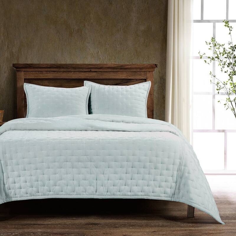 HiEnd Accents Stella Solid Color Faux Silk Velvet Romantic Modern Rustic 3 Piece Quilt Set with Pillow Shams - Icy Blue - Twin