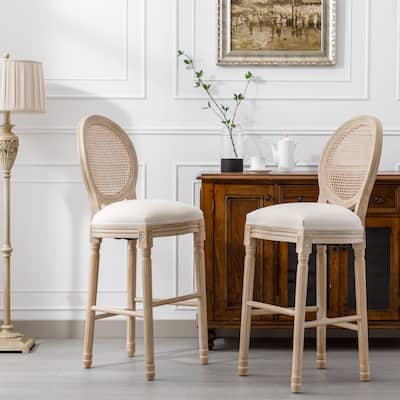 Round Rattan Mesh Back Barstools Set of 2 Retro Accent Chairs with Upholstered Seat, Carving Design and Solid Wood Frame